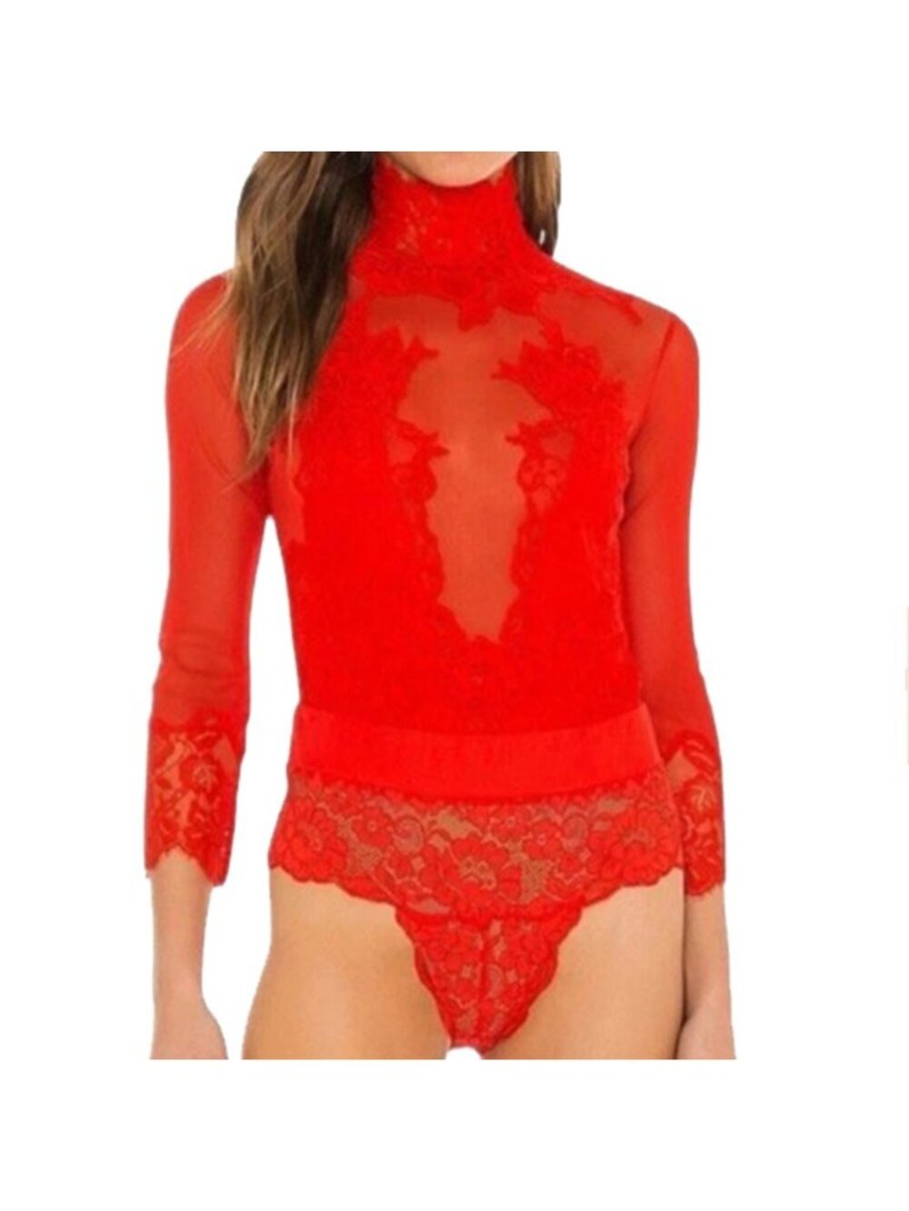 We are HAH Take HAH Bow Bodysuit Blood Orange Sheer Lace XS #64817